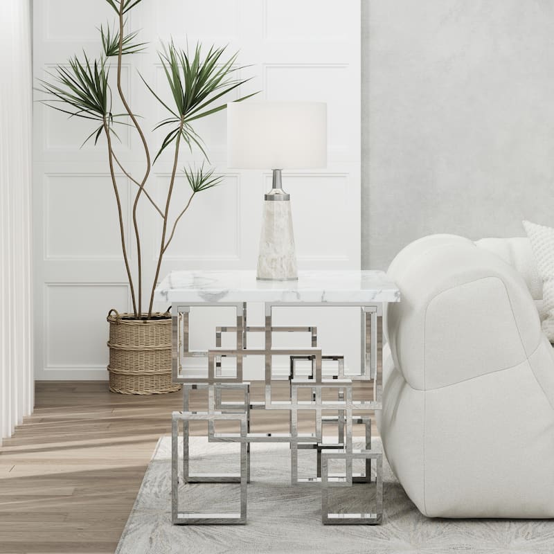 Modern End Table 23 inch Square Living Room Side Table with High Gloss Top and Mirrored Metal Geometric Base