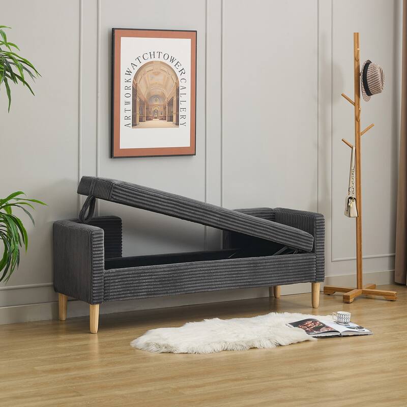 65.35" W Corduroy Storage Bench with Backrest, Armrests & 2 Bolster Pillows, Upholstered Bed End Bench for Entryway & Bedroom