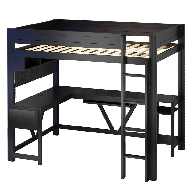 Roomfitters Full Size Gaming Loft Bed with Desk, Storage Shelves and Charging Station, Space-Saving Bedroom Setup