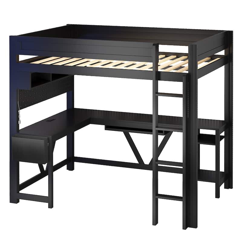 Wood Full Size Gaming Loft Bed Frame with Computer Desk, Grid Storage Panel, Storage Shelves, Cabinet, LED and Charging Station