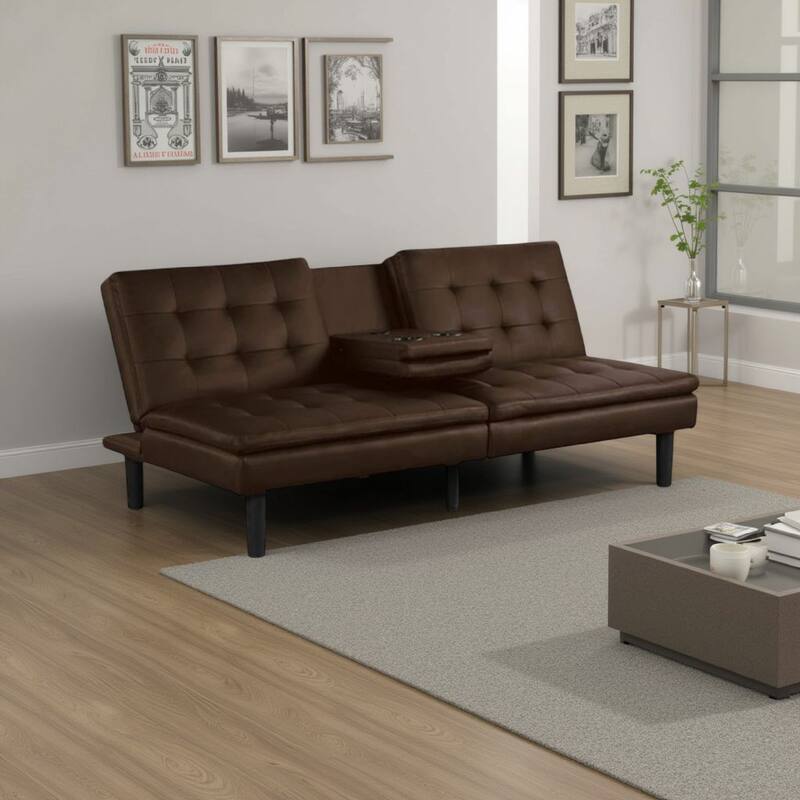 Berie Futon Sofa Bed, Drop-Down Tray and Cupholder, Brown Faux Leather