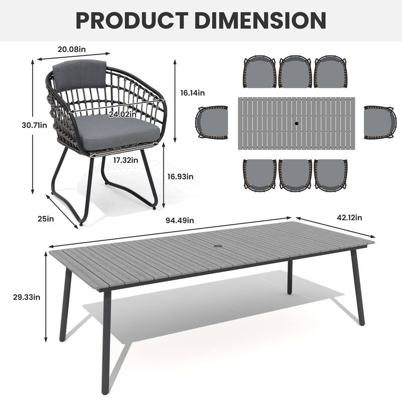 7/9-Piece Patio Dining Set Outdoor Aluminum Dining Table and PE Rattan Wicker Dining Chairs