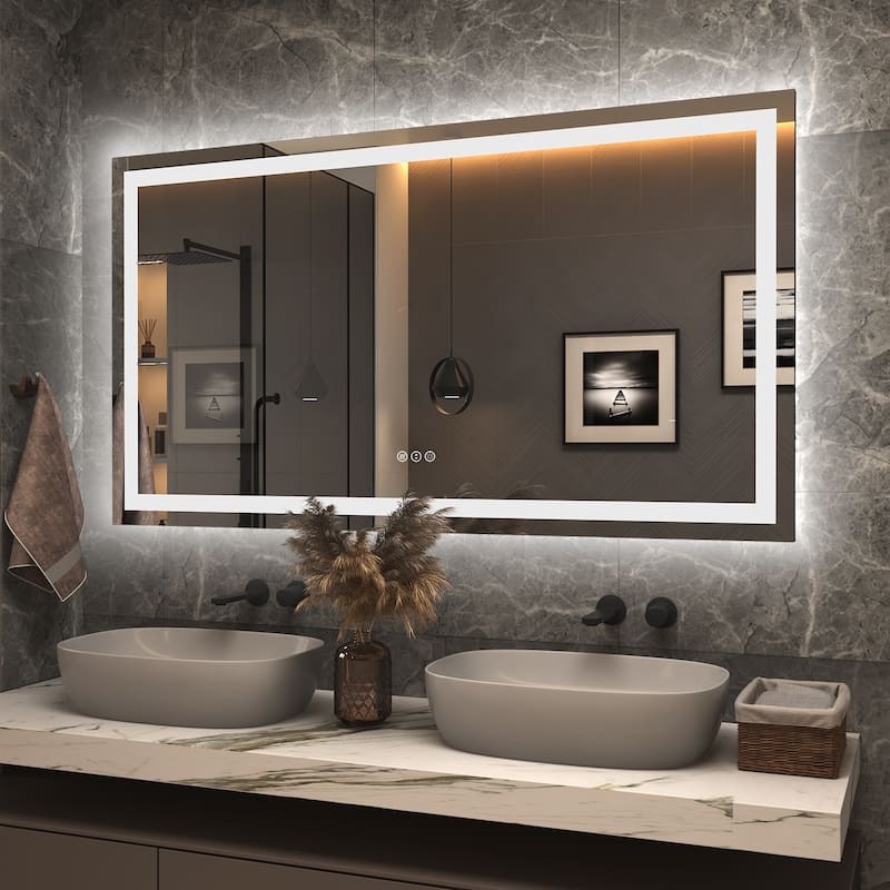 Apmir Front & Back LED Lighted Anti-fog Wall Bathroom Vanity Mirror with Tempered Glass & ETL - 55" x 30"