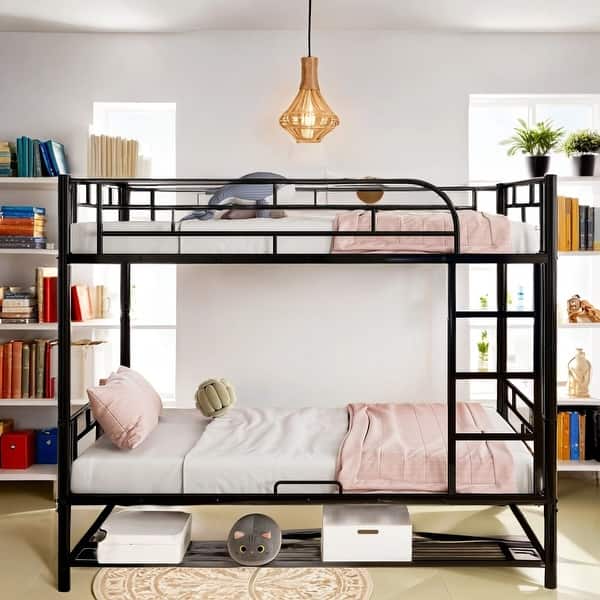 slide 2 of 12, Twin Over Twin Metal Bunk Bed with Shelf and Guardrails, Separate Into 2 Twin Beds Black