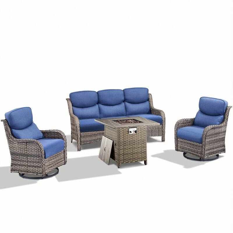 Pocassy Outdoor Propane Fire Table with Sofa Swivel Chair Table Funiture Set.