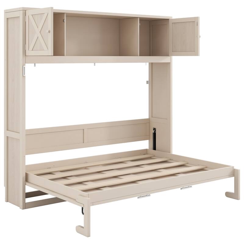 Full Size Murphy Bed Space Saving Cube Cabinet Bed Frame with Top Storage Bookcase Cabinets, Foldable Platform Bed Frame