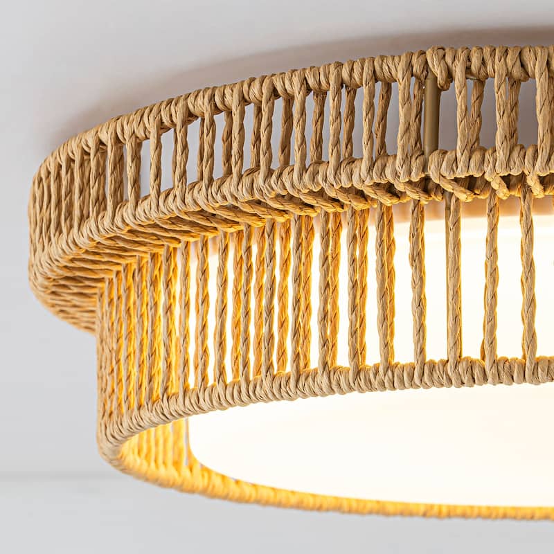 Integrated LED Brown Paper Rope Woven Shade with Opal Glass Flush Mount Ceiling Light - W12" × D12" × H3.2"
