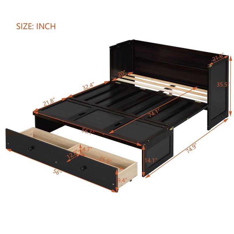 Full Size 2-in-1 Murphy Bed Cabinet with Space Saving Design with Built in USB/Power Outlets, Large Storage Drawer