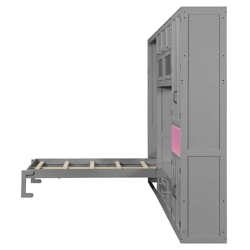 Versatile Twin Size Murphy Bed Folding Storage Bedframe with Built-in TV Stand, 2 Deep Drawers, Multiple Shelves and Cabinets