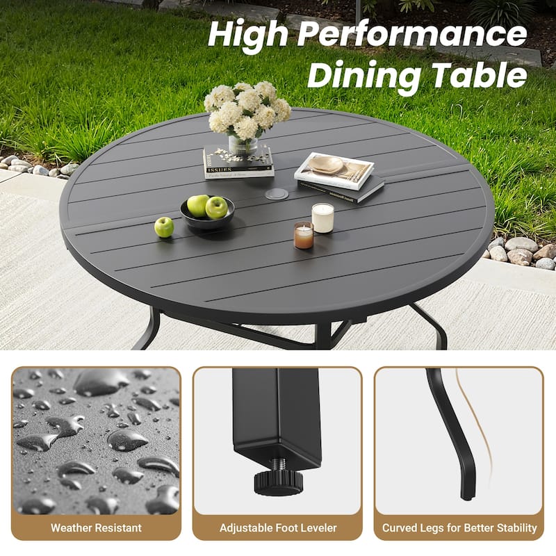 Round Outdoor Patio Dining Table, 47" Round Patio Table Wood-Like Grain with 1.57" Umbrella Hole, Metal Outdoor Dining Tables