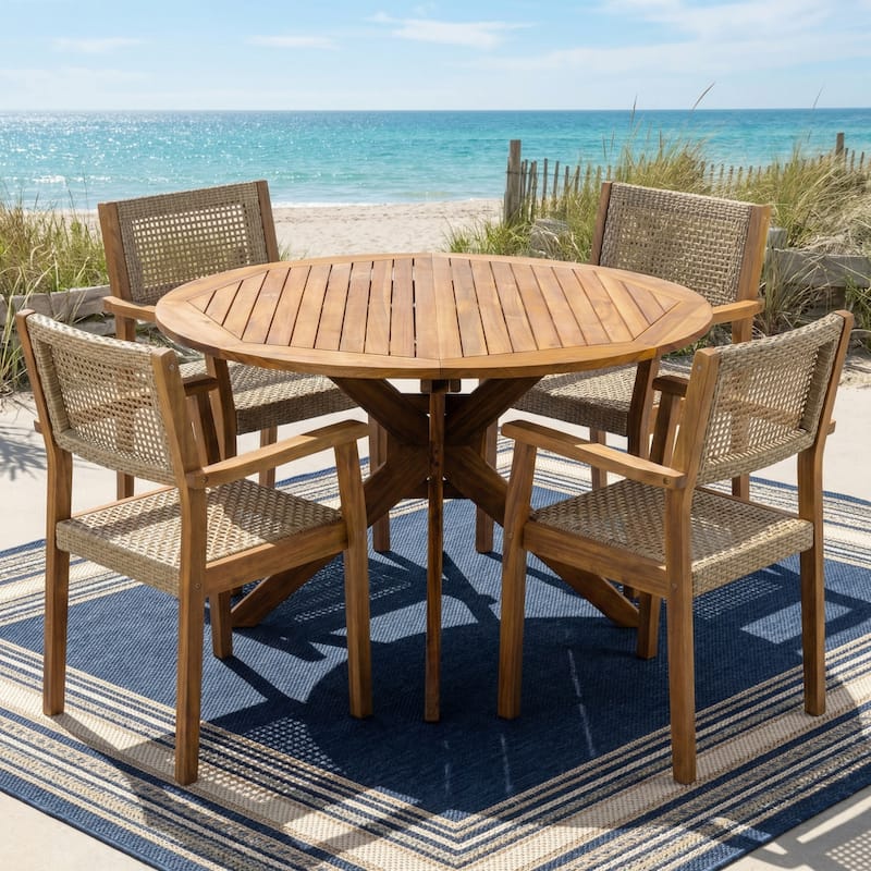 Christopher Knight Home - Coastline Outdoor Acacia Wood 5-Piece Dining Set with Wicker Chairs - Teak