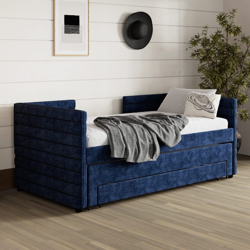 Twin Size Upholstered Daybed with Trundle and 3 Storage Drawers, Fabric Sofa Bed for Guest Room, Living Room - Blue