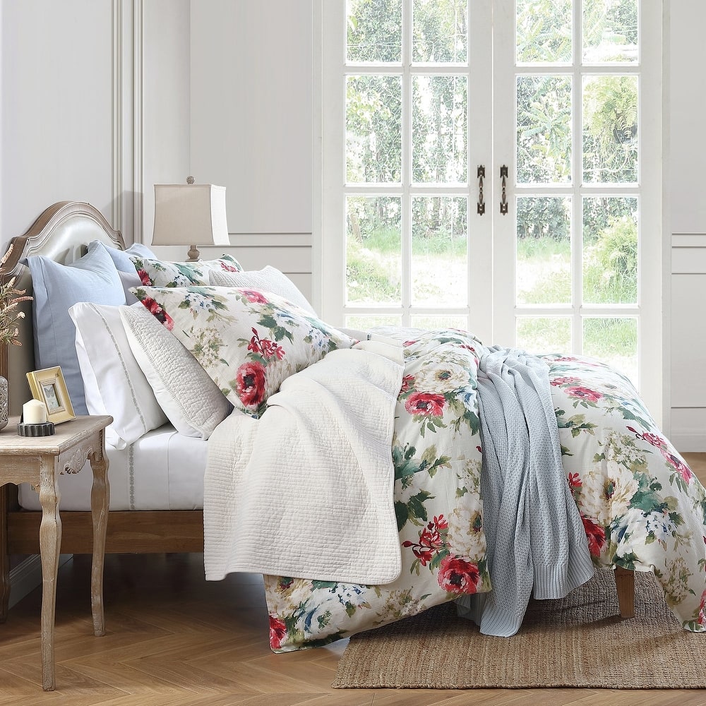 HiEnd Accents Peony Washed Linen Watercolor Floral Bedding Chic Casual 3 Piece Comforter Set