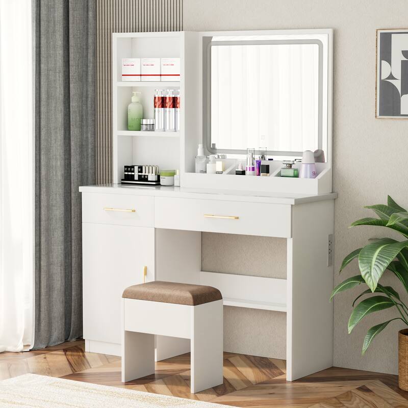 32" Wide Makeup Vanity Desk with Lighted Mirror Power Outlet, Dressing Table with Large Storage Space and Cushioned Stool