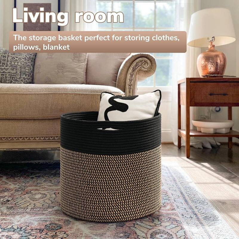 Large Cotton Rope Basket, Blanket Basket Living Room 15.8"x15.8"x13.8" Baby Toy Storage - 15.8"L x 15.8"W x 13.8"H