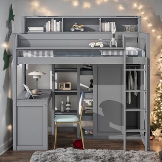 Wood Twin Size Loft bed with Multiple Storage Shelves and Wardrobe