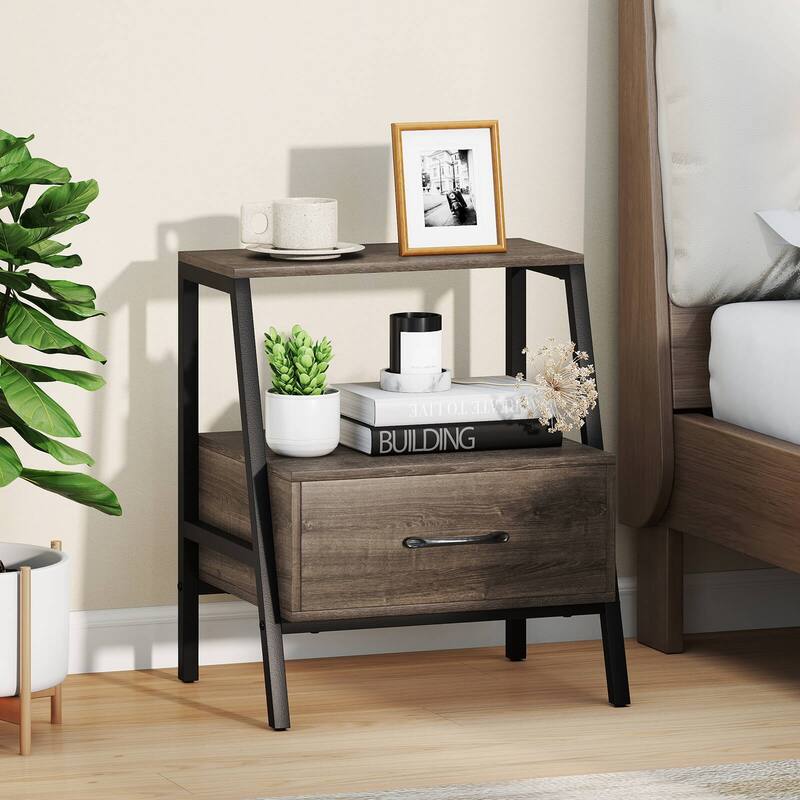 Costway 1/2 PCS Nightstand with Drawer Farmhouse 3-Tier Bedside Table