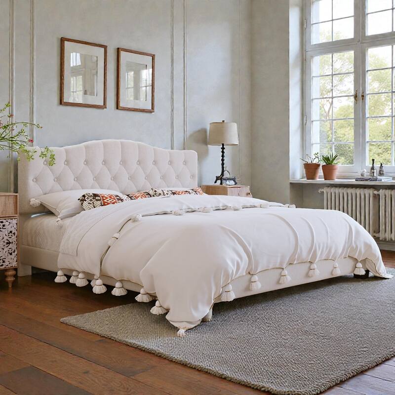 Upholstered Platform Bed with Adjustable Saddle-Curved Diamond Tufted Headboard, Wooden Slats and Metal Support
