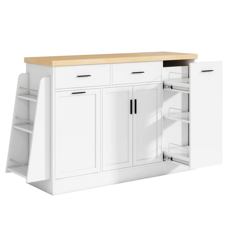 Kitchen Island, Multi-Functional Kitchen Sideboard - Storage Cabinet with Trash Can Holder, Sliding Door & 3-Tier Spice Rack