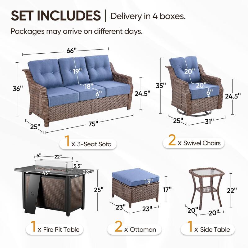 7-Piece Sofa Swivel Chairs Ottoman with 43" Firepit Table
