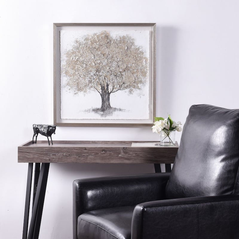 Gold Foliage - Shadow Box Wall Art With Foil On Rice Paper - Gray Wash Frame