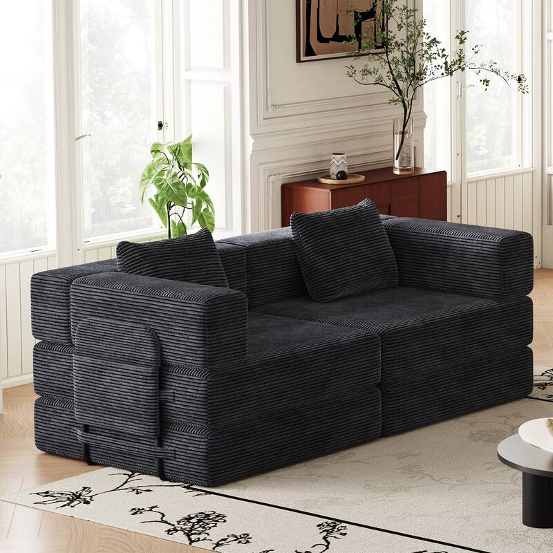 Folding Loveseat Sofa Convertible Sleeper Sofa Bed, Floor Standing Couch Bed Corduroy Floor Mats with Side Pockets and Pillows