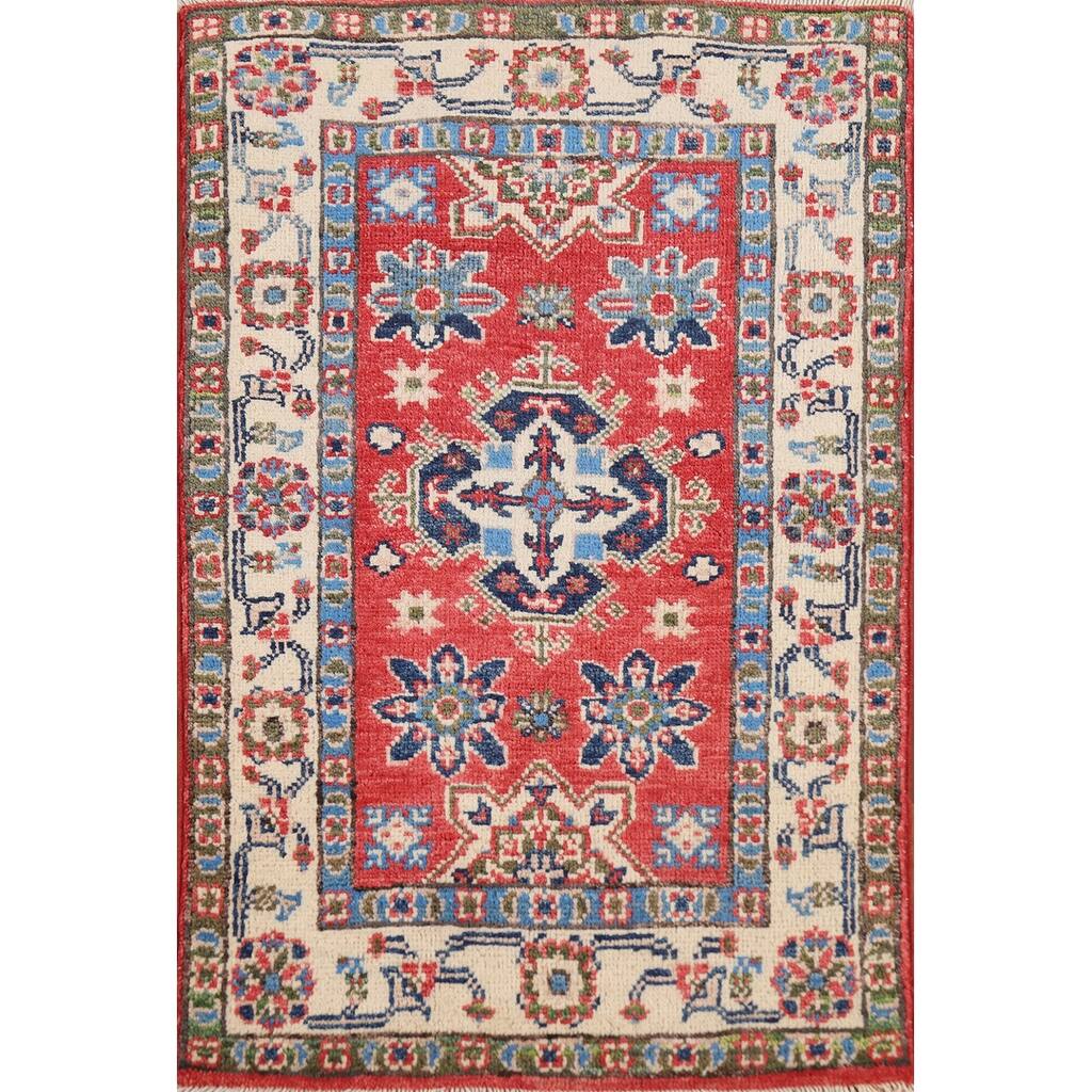 Geometric Kazak Oriental Accent Rug Hand-Knotted Red Wool Carpet - 2'0" x 3'0"