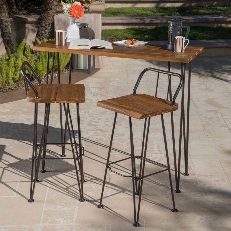 Roomfitters 3-Piece Outdoor Industrial Bar Set, Teak Finished Acacia Wood Table and 2 Stools with Iron Hairpin Legs, Brown - Brown