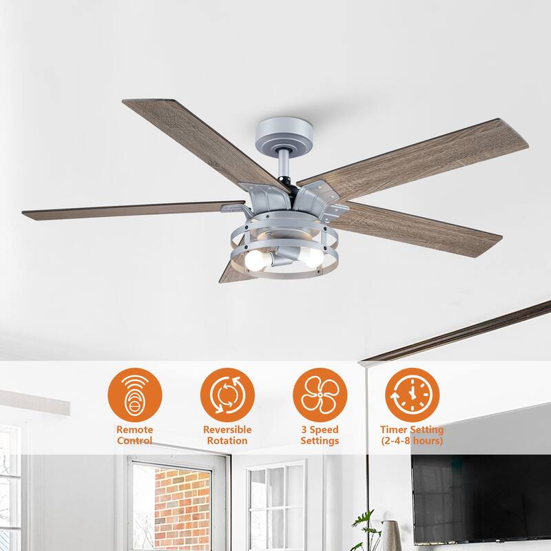 52" Silver Metal Reversible 5-Blade LED Ceiling Fan with Remote