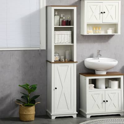 kleankin Slim Bathroom Storage Cabinet with Triple Open Shelves & Cupboard, Wooden Freestanding Linen Tower with Shelf