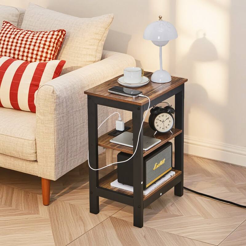 Javlergo 3 Tier Open Shelf Nightstand with Charging Station 2 AC Outlets 2 USB Ports Multipurpose Table for Bedroom Living Room