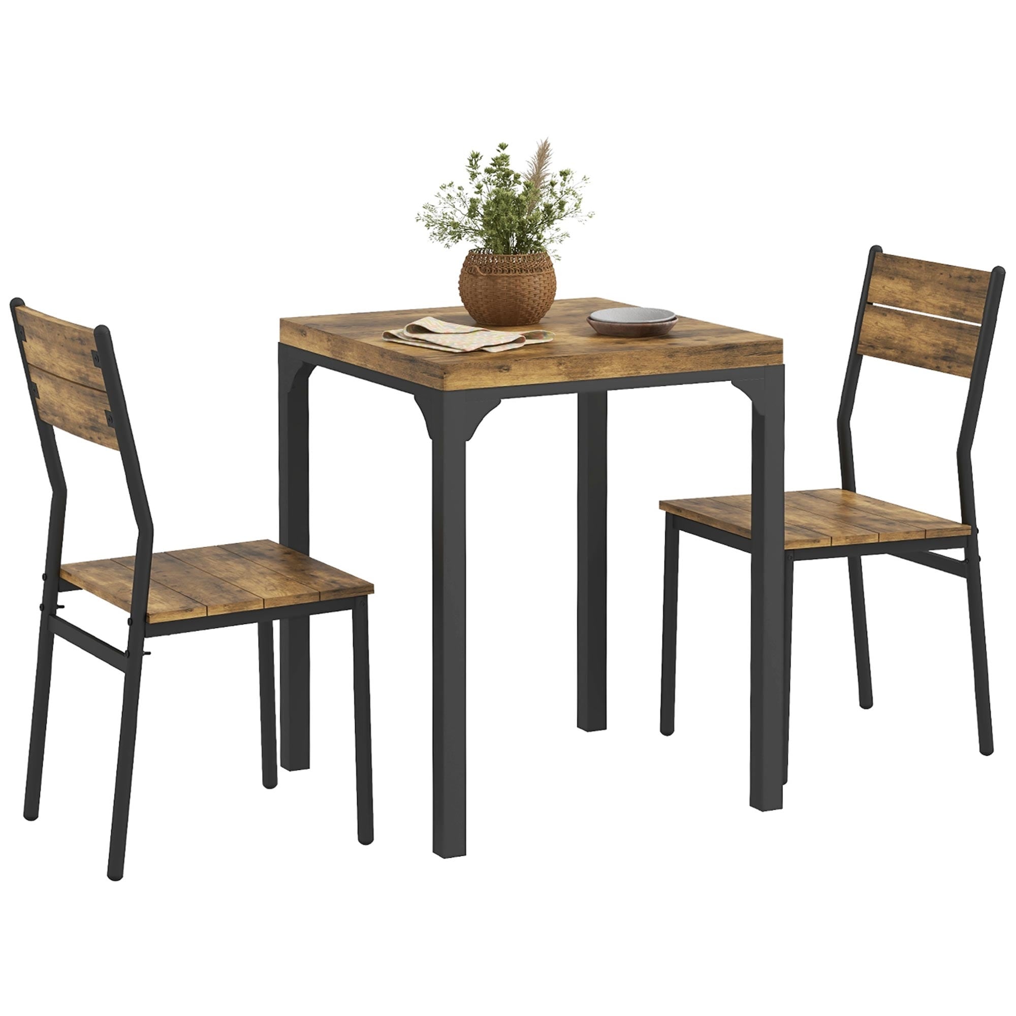 Modern 3-Piece Dining Set with Square Counter Height Bar Table & 2 Rustic Brown Open Back Stools