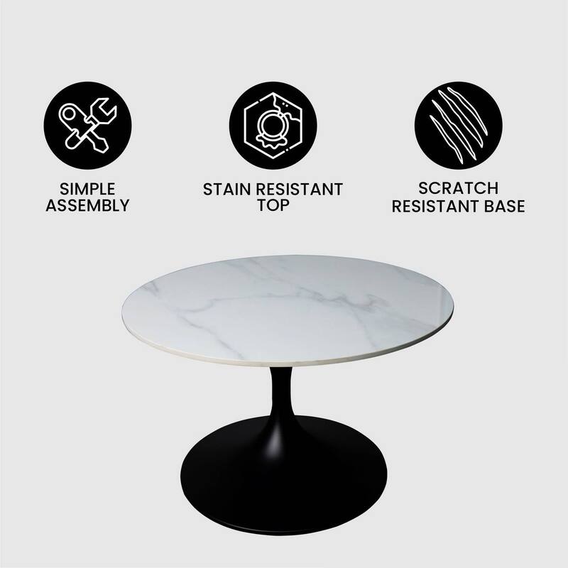 LeisureMod Verve 27" Round Coffee Table with Sintered Stone TableTop and Black Steel Base for Living & Bedroom