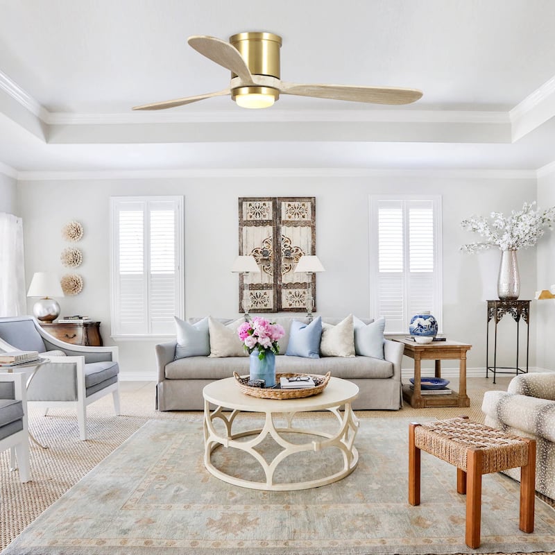 52" Satin Copper Flush Mount LED Ceiling Fan with Light and Remote Control - 52-In