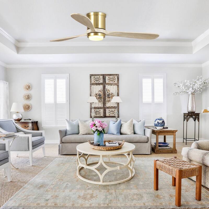 Modern Sand Gold Low Profile Flush Mount LED Ceiling Fan with Light and Remote - 52 Inches