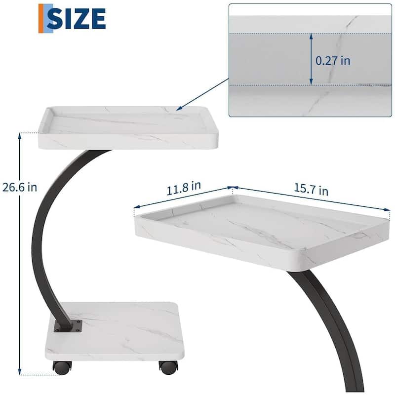 C-Shaped Side Table with Wheels, End Table for Small Spaces