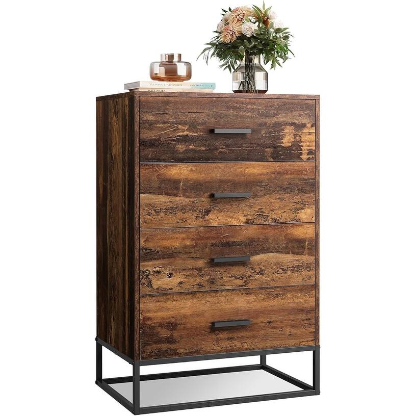 Tall Wooden Dresser with 4 Drawers, Sturdy Metal Frame, Brown Oak Finish, Large Storage for Bedroom, Living Room, Closet