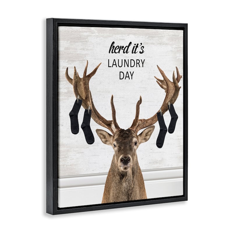 Stupell Laundry Elk with Hanging Socks Framed Floater Canvas Wall Art Design By Lettered and Lined