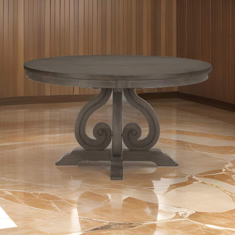 Luon 54 Inch Dining Table, 6 Seater Round Top, Scrolled Metal Base, Brown