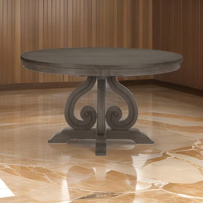 Luon 54 Inch Dining Table, 6 Seater Round Top, Scrolled Metal Base, Brown