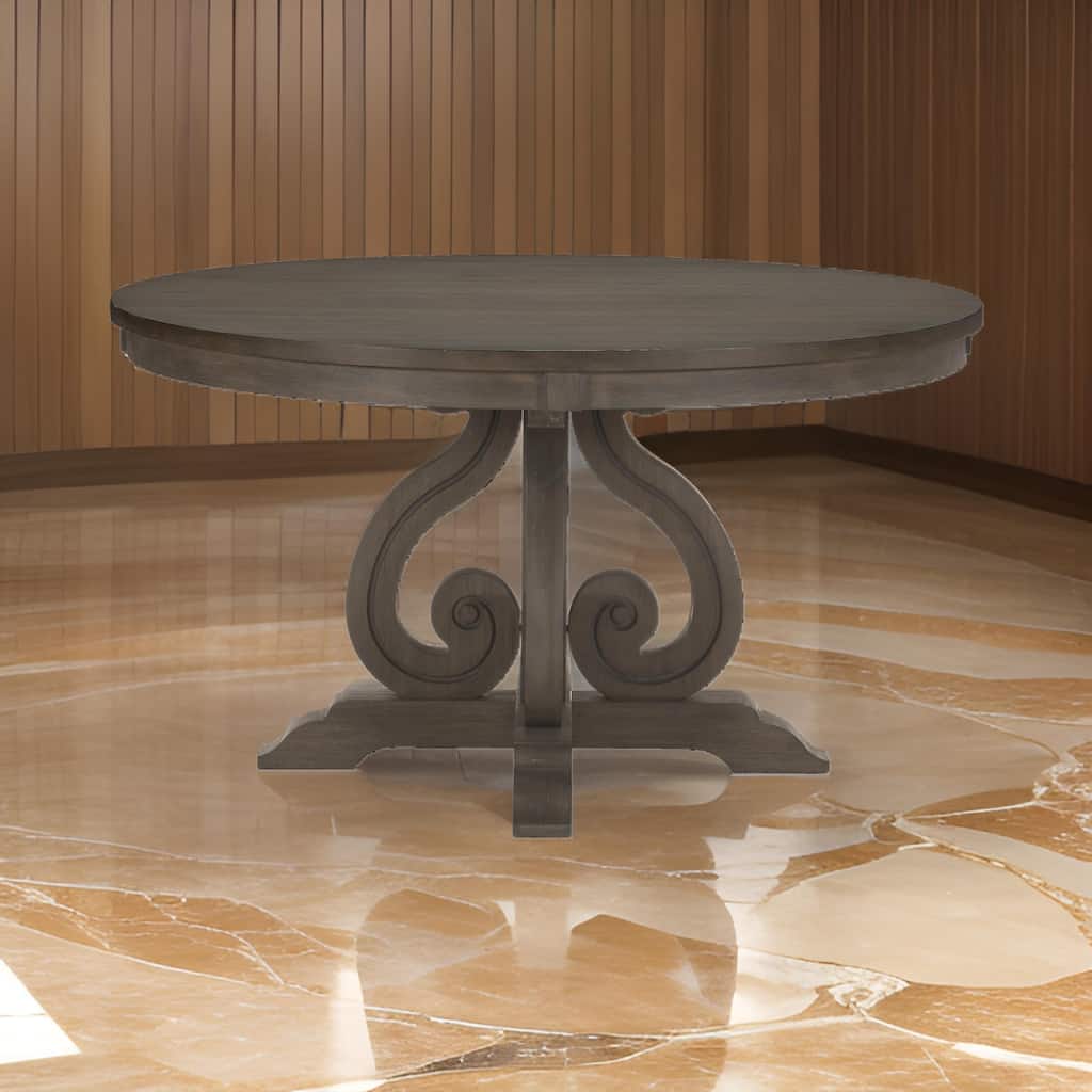 Luon 54 Inch Dining Table, 6 Seater Round Top, Scrolled Metal Base, Brown