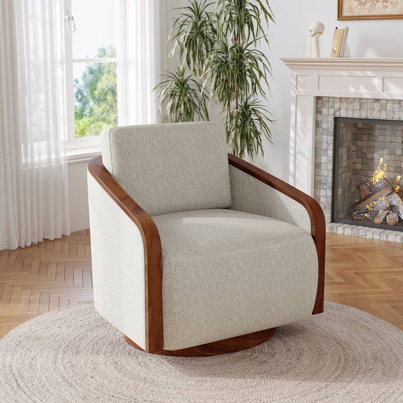 Upholstered Swivel Barrel Chair with Curved Wood Arms - BEIGE BROWN