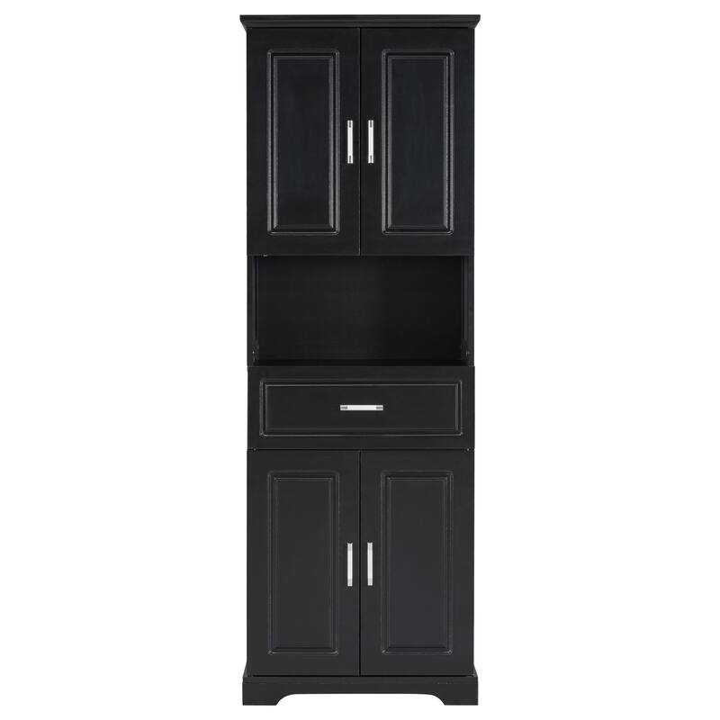 Roomfitters Tall Bathroom Cabinet with Four Doors, Open Shelf and Upper Storage Compartment for Extra Capacity, Black