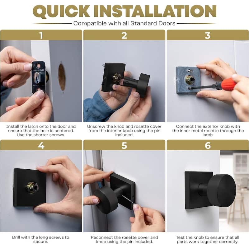 Mega Handles SUANA Modern Square Passage Door Knob for Hallway, Closet, Bathroom | Keyless Reversible Interior Door Handle
