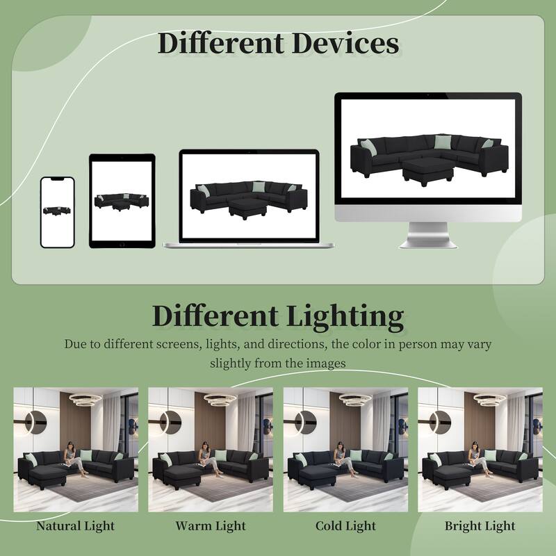 112" x 87" Modular Sectional Sofa 7-Seat L-Shaped Couch with Ottoman Fabric Corner Sofa Set with 3 Pillows for Living Room