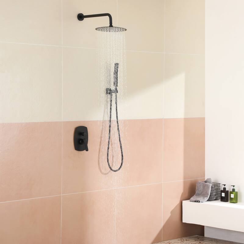 2.5 GPM 10 in. Round Wall Mount Dual Shower Heads with Pressure Balance Valve in Matte Black