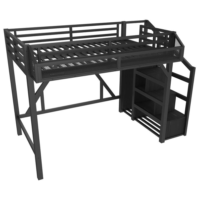 Roomfitters Metal Loft Bed with Wardrobe and Storage Stairs, LED Lights and USB