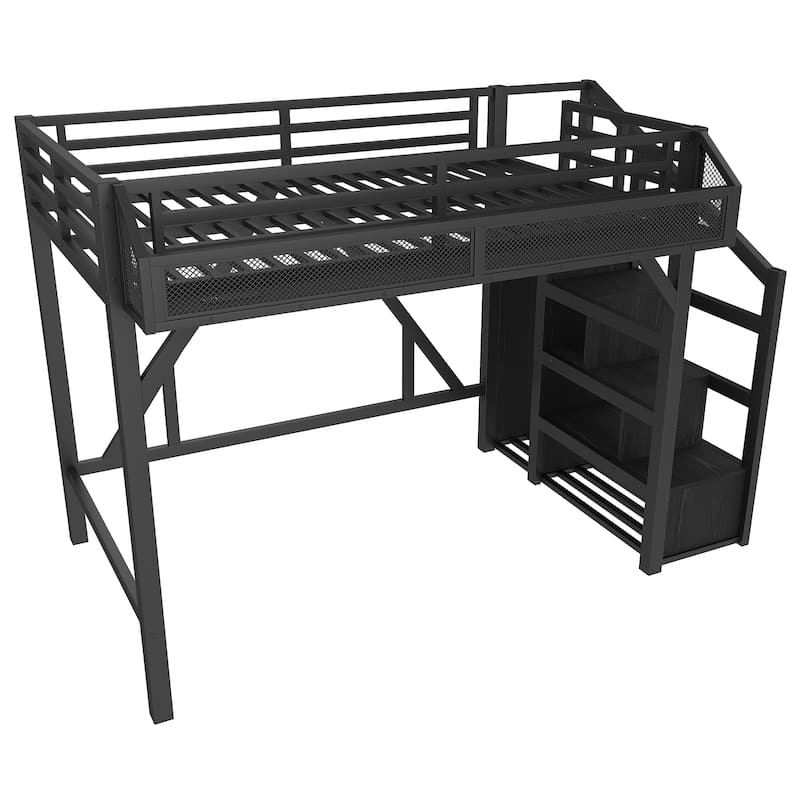 Twin XL/Twin Metal Loft Bed with Storage Stairs, Wardrobe, USB Ports & LED Lights