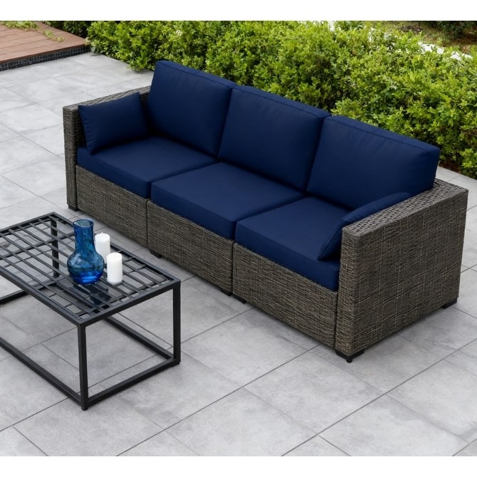 GDFStudio Outdoor Marcellus Galvanized Steel PE Rattan 3-Seat Outdoor Sofa with Cushions