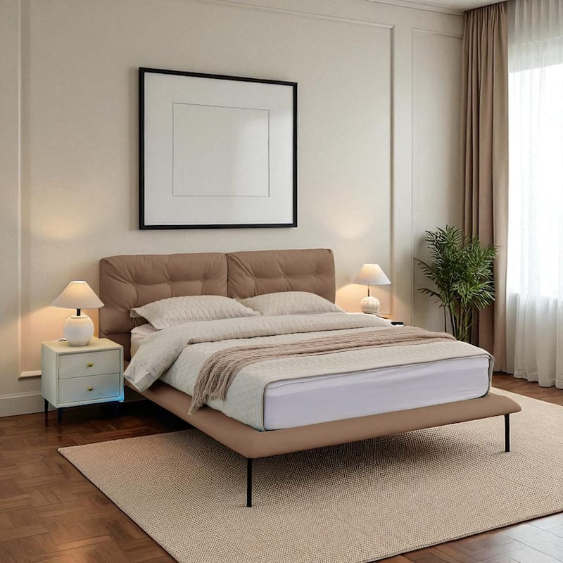 Queen Floating Upholstered Platform Bed Frame with LED Lights, PU Leather, Button Tufted Headboard, No Box Spring